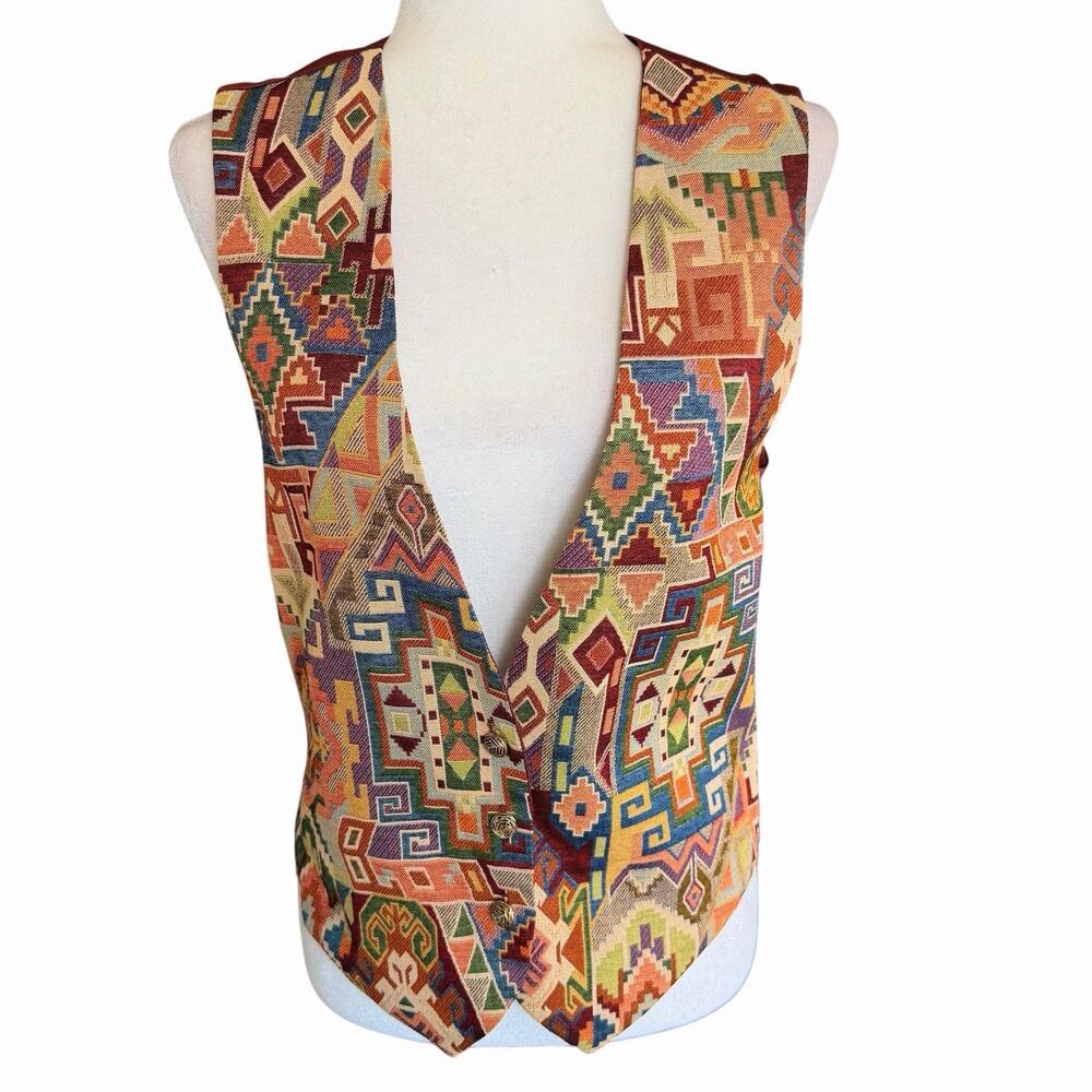 Vtg 90's Tapestry Vest Women's Aztec Southwest OSFA Classic Geometric Colorful